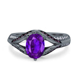 Split Shank Halo Oval Wedding Engagement Ring Black Round Simulated Cubic Zirconia 925 Sterling Silver