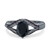 Split Shank Halo Oval Wedding Engagement Ring Black Round Simulated Cubic Zirconia 925 Sterling Silver
