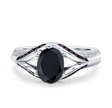 Split Shank Halo Oval Wedding Engagement Ring Black Round Simulated Cubic Zirconia 925 Sterling Silver