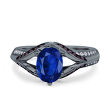 Split Shank Halo Oval Wedding Engagement Ring Black Round Simulated Cubic Zirconia 925 Sterling Silver