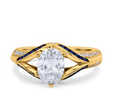 Halo Oval Wedding Engagement Ring Blue Sapphire Round Simulated Cubic Zirconia 925 Sterling Silver