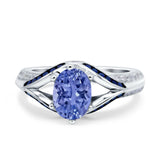 Halo Oval Wedding Engagement Ring Blue Sapphire Round Simulated Cubic Zirconia 925 Sterling Silver