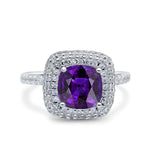 Halo Art Deco Cushion Cut Wedding Bridal Ring Round Simulated Cubic Zirconia 925 Sterling Silver