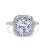 Halo Art Deco Cushion Cut Wedding Bridal Ring Round Simulated Cubic Zirconia 925 Sterling Silver