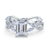 Two Piece Art Deco Emerald Cut Wedding Engagement Bridal Ring Marquise Round Simulated Cubic Zirconia 925 Sterling Silver