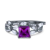 Two Piece Bridal Set Art Deco Princess Cut Wedding Engagement Marquise Round Simulated Cubic Zirconia 925 Sterling Silver