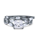 Two Piece Bridal Set Art Deco Princess Cut Wedding Engagement Marquise Round Simulated Cubic Zirconia 925 Sterling Silver