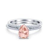 Two Piece Art Deco Pear Wedding Engagement Bridal Set Ring Band Round Simulated Cubic Zirconia 925 Sterling Silver