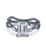 Two Piece Art Deco Emerald Cut Wedding Engagement Ring Marquise Simulated Cubic Zirconia 925 Sterling Silver