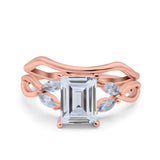 Two Piece Art Deco Emerald Cut Wedding Engagement Ring Marquise Simulated Cubic Zirconia 925 Sterling Silver