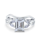 Two Piece Art Deco Emerald Cut Wedding Engagement Ring Marquise Simulated Cubic Zirconia 925 Sterling Silver