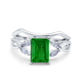 Two Piece Art Deco Emerald Cut Wedding Engagement Ring Marquise Simulated Cubic Zirconia 925 Sterling Silver