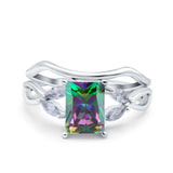Two Piece Art Deco Emerald Cut Wedding Engagement Ring Marquise Simulated Cubic Zirconia 925 Sterling Silver