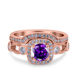 Two Piece Art Deco Wedding Engagement Bridal Set Ring Band Round Simulated Cubic Zirconia 925 Sterling Silver