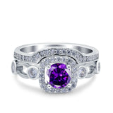 Two Piece Art Deco Wedding Engagement Bridal Set Ring Band Round Simulated Cubic Zirconia 925 Sterling Silver