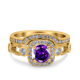 Two Piece Art Deco Wedding Engagement Bridal Set Ring Band Round Simulated Cubic Zirconia 925 Sterling Silver