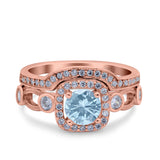 Two Piece Art Deco Wedding Engagement Bridal Set Ring Band Round Simulated Cubic Zirconia 925 Sterling Silver