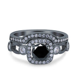 Two Piece Art Deco Wedding Engagement Bridal Set Ring Band Round Simulated Cubic Zirconia 925 Sterling Silver