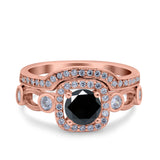 Two Piece Art Deco Wedding Engagement Bridal Set Ring Band Round Simulated Cubic Zirconia 925 Sterling Silver