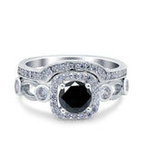 Two Piece Art Deco Wedding Engagement Bridal Set Ring Band Round Simulated Cubic Zirconia 925 Sterling Silver