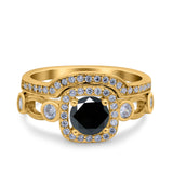 Two Piece Art Deco Wedding Engagement Bridal Set Ring Band Round Simulated Cubic Zirconia 925 Sterling Silver