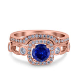 Two Piece Art Deco Wedding Engagement Bridal Set Ring Band Round Simulated Cubic Zirconia 925 Sterling Silver