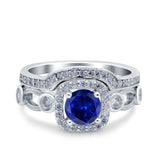 Two Piece Art Deco Wedding Engagement Bridal Set Ring Band Round Simulated Cubic Zirconia 925 Sterling Silver