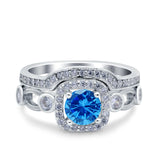 Two Piece Art Deco Wedding Engagement Bridal Set Ring Band Round Simulated Cubic Zirconia 925 Sterling Silver