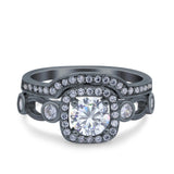 Two Piece Art Deco Wedding Engagement Bridal Set Ring Band Round Simulated Cubic Zirconia 925 Sterling Silver