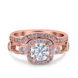 Two Piece Art Deco Wedding Engagement Bridal Set Ring Band Round Simulated Cubic Zirconia 925 Sterling Silver