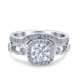 Two Piece Art Deco Wedding Engagement Bridal Set Ring Band Round Simulated Cubic Zirconia 925 Sterling Silver
