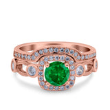 Two Piece Art Deco Wedding Engagement Bridal Set Ring Band Round Simulated Cubic Zirconia 925 Sterling Silver