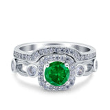 Two Piece Art Deco Wedding Engagement Bridal Set Ring Band Round Simulated Cubic Zirconia 925 Sterling Silver