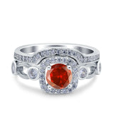 Two Piece Art Deco Wedding Engagement Bridal Set Ring Band Round Simulated Cubic Zirconia 925 Sterling Silver