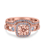 Two Piece Art Deco Wedding Engagement Bridal Set Ring Band Round Simulated Cubic Zirconia 925 Sterling Silver