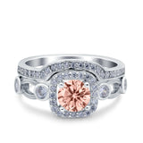 Two Piece Art Deco Wedding Engagement Bridal Set Ring Band Round Simulated Cubic Zirconia 925 Sterling Silver