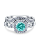 Two Piece Art Deco Wedding Engagement Bridal Set Ring Band Round Simulated Cubic Zirconia 925 Sterling Silver
