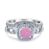 Two Piece Art Deco Wedding Engagement Bridal Set Ring Band Round Simulated Cubic Zirconia 925 Sterling Silver