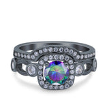 Two Piece Art Deco Wedding Engagement Bridal Set Ring Band Round Simulated Cubic Zirconia 925 Sterling Silver