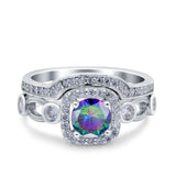 Two Piece Art Deco Wedding Engagement Bridal Set Ring Band Round Simulated Cubic Zirconia 925 Sterling Silver