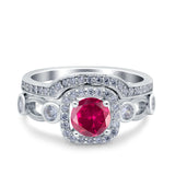 Two Piece Art Deco Wedding Engagement Bridal Set Ring Band Round Simulated Cubic Zirconia 925 Sterling Silver