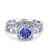 Two Piece Art Deco Wedding Engagement Bridal Set Ring Band Round Simulated Cubic Zirconia 925 Sterling Silver