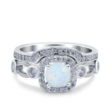 Two Piece Art Deco Wedding Engagement Bridal Set Ring Band Round Simulated Cubic Zirconia 925 Sterling Silver