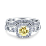 Two Piece Art Deco Wedding Engagement Bridal Set Ring Band Round Simulated Cubic Zirconia 925 Sterling Silver