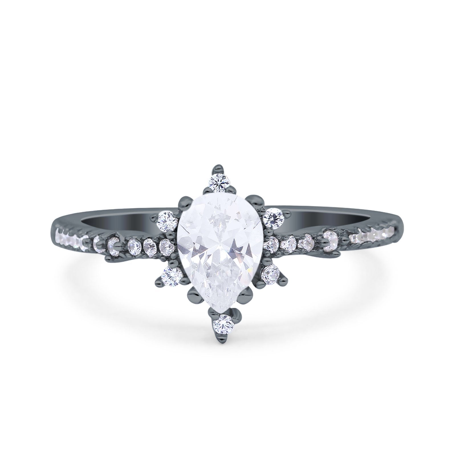 Starburst Teardrop Dainty Art Deco Pear Wedding Bridal Ring Round Simulated Cubic Zirconia 925 Sterling Silver
