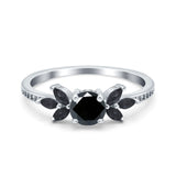 Art Deco Engagement Ring Simulated Black Round Simulated Cubic Zirconia 925 Sterling Silver