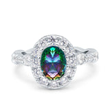 Oval Art Deco Halo Engagement Wedding Bridal Ring Round Simulated Cubic Zirconia 925 Sterling Silver