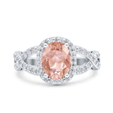 Infinity Twisted Shank Art Deco Halo Oval Wedding Engagement Ring Round Simulated Cubic Zirconia 925 Sterling Silver