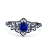 Halo Art Deco Cluster Floral Wedding Engagement Ring Round Simulated Cubic Zirconia 925 Sterling Silver