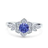 Halo Art Deco Cluster Floral Wedding Engagement Ring Round Simulated Cubic Zirconia 925 Sterling Silver